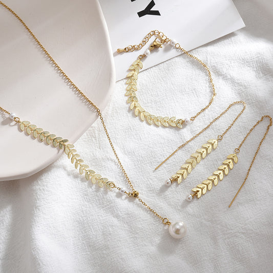 2023 New Wheat Ear Pearl Necklace Earrings Bracelet Set Three-piece Set